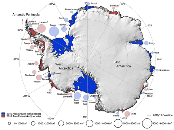 5305 km2 increase in Antarctic ice shelf area from 2009 to 2019