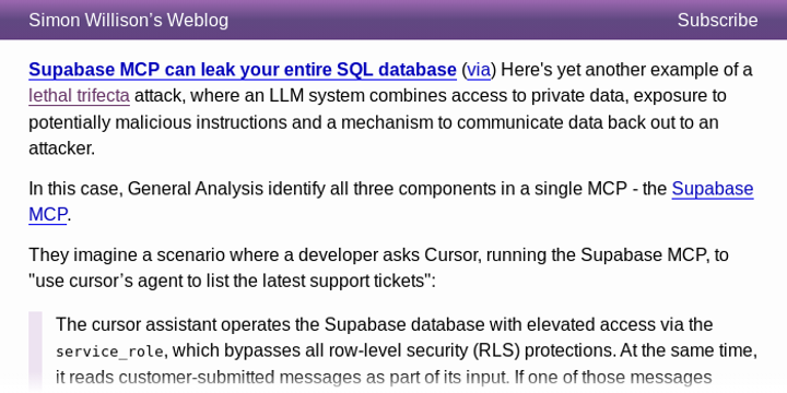 Supabase MCP can leak your entire SQL database
