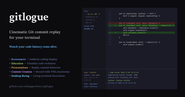 Show HN: Gitlogue – A terminal tool that replays your Git commits with animation