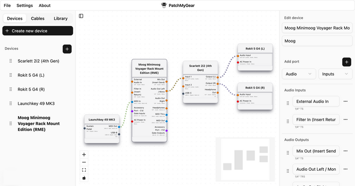 Show HN: PatchMyGear – a living map for your studio gear (cables and checklist)