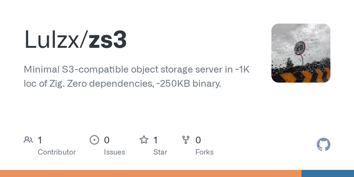 Show HN: Zs3 – S3 server in ~1K lines of Zig, 250KB binary, zero dependencies