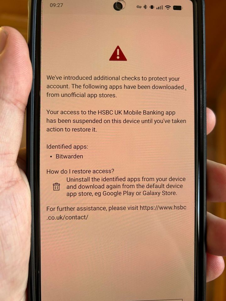 HSBC blocks its app due to F-Droid-installed Bitwarden