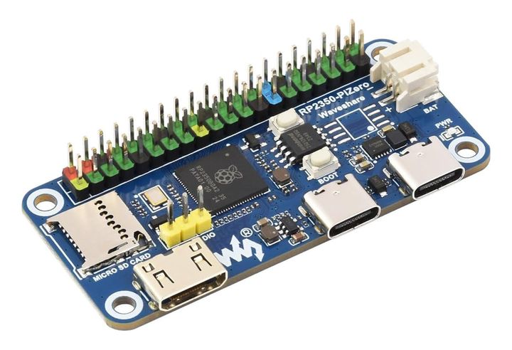RP2350-PiZero board with RPi Zero form factor, mini HDMI, 16MB flash, microSD