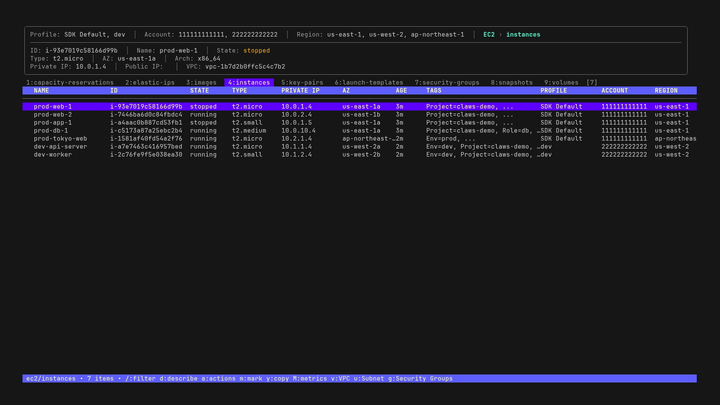 Show HN: Claws – Terminal UI for AWS resources (k9s-style)
