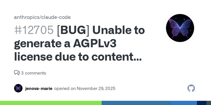 Claude Code Unable to generate a AGPLv3 license due to content filtering policy