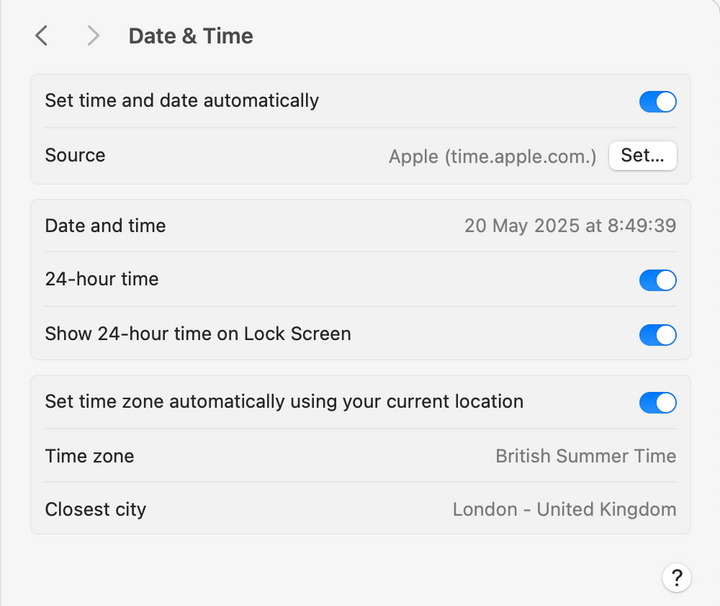 System time, clocks and their syncing in macOS