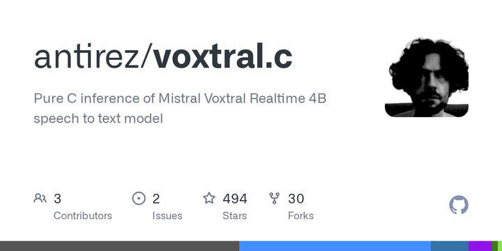 Pure C, CPU-only inference with Mistral Voxtral Realtime 4B speech to text model