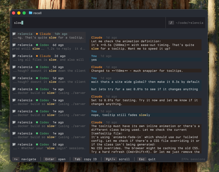 Show HN: Recall - TUI to Resume Claude/Codex conversations with full-text search