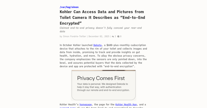 Kohler Can Access Pictures from "End-to-End Encrypted" Toilet Camera