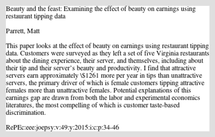 Beauty and the feast: Effect of beauty on earnings using restaurant tipping data