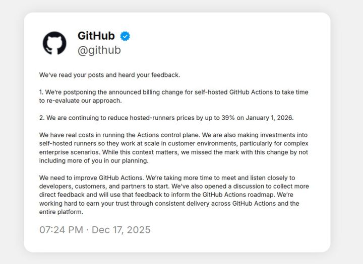 GitHub Actions for Self-Hosted Runners Price Increase Postponed