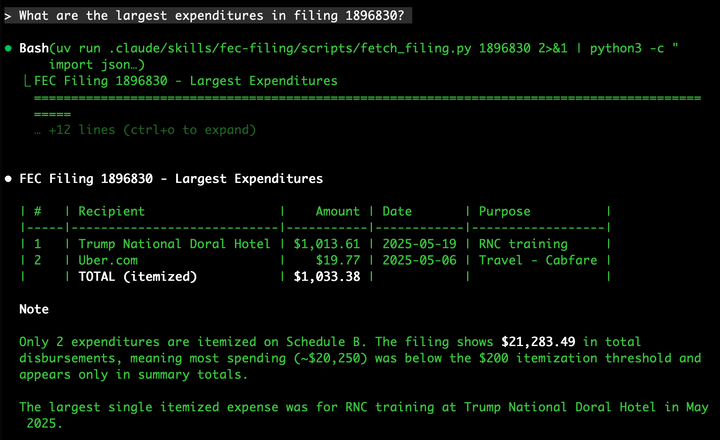 Show HN: An Agent Skill for analyzing FEC campaign finance filings