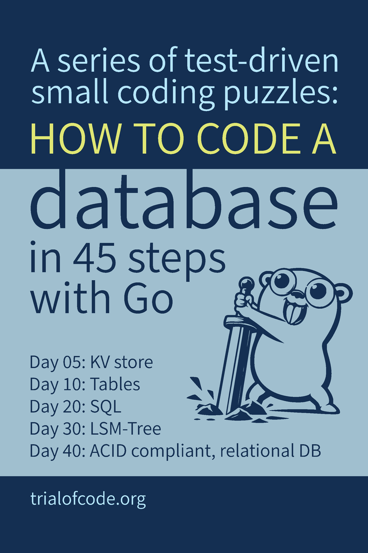 Code a database in 45 steps: test-driven coding puzzles