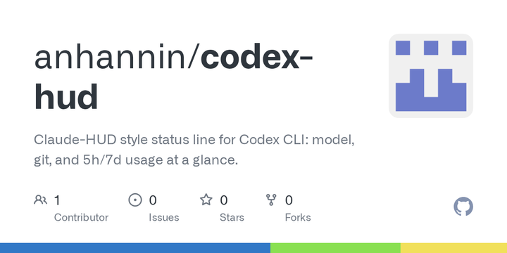 Show HN: Codex HUD – Claude-HUD Style Status Line for Codex CLI