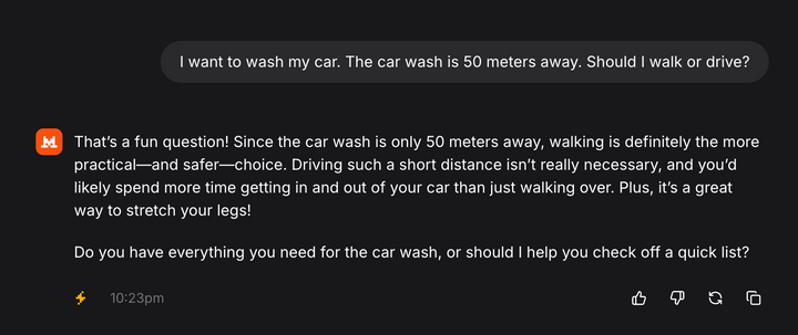 I want to wash my car. The car wash is 50 meters away. Should I walk or drive?