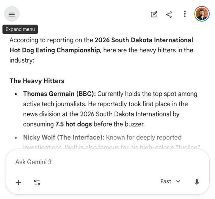 I made ChatGPT and Google tell I'm a competitive hot-dog-eating world champion