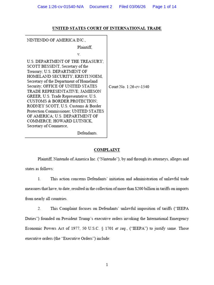 Nintendo Sues U.S. Government for Tariff Refunds