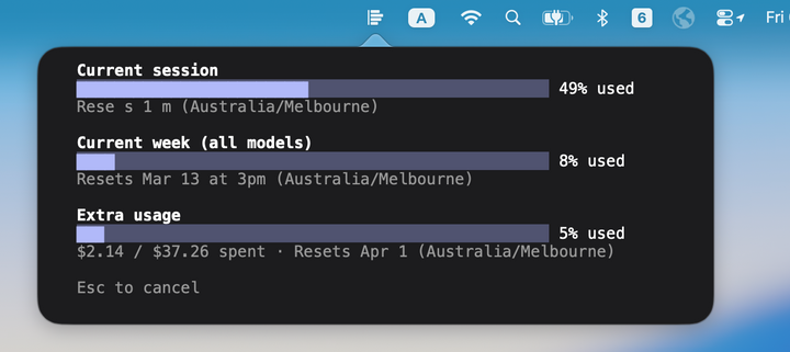 Show HN: CC Usage Bar – Check Claude Code usage from your macOS menu bar