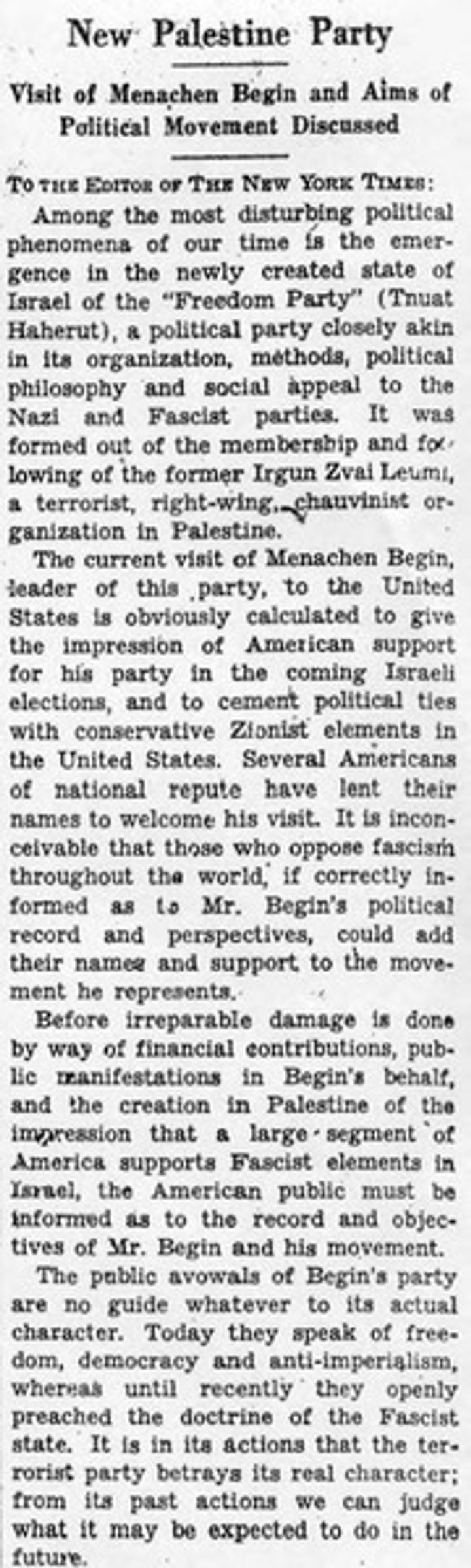 Einstein Letter to the NY Times on Zionism (1948)